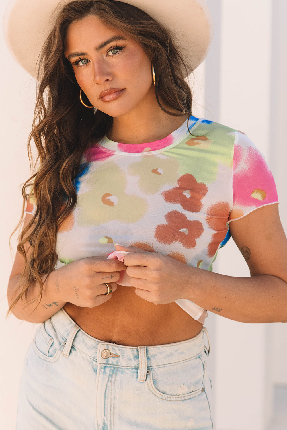 Multicolour Floral Mesh Lettuce Trim Cropped T Shirt