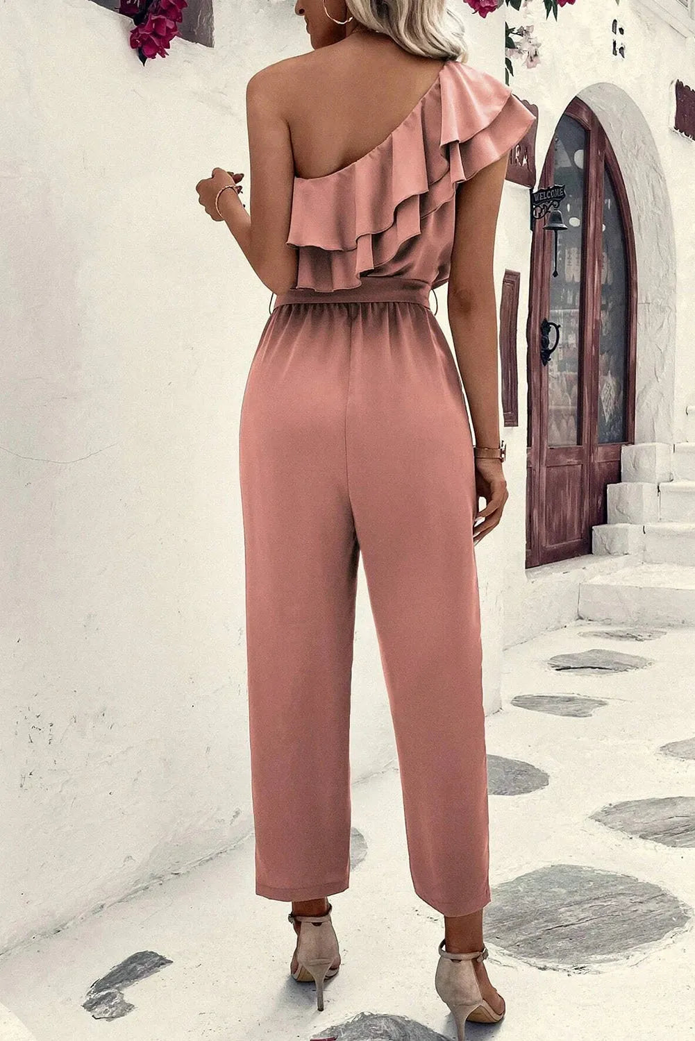 Dusty Pink One Shoulder Ruffle Trim Belted Jumpsuit - Chic Meadow Boutique 