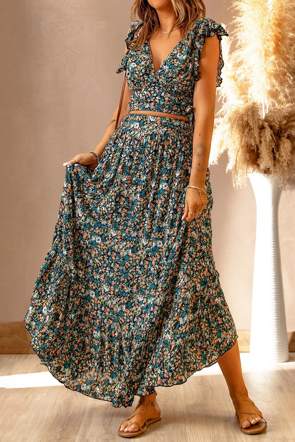 Multicolor Floral Ruffled Crop Top and Maxi Skirt Set - Chic Meadow Boutique 