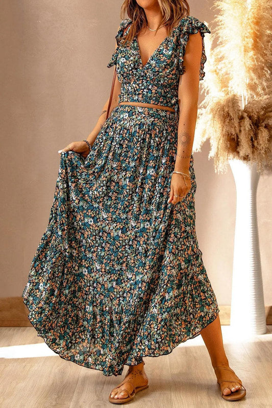 Two Piece Sets/Two Piece Dresses Multicolor / S / 100%Polyester Multicolor Floral Ruffled Crop Top and Maxi Skirt Set