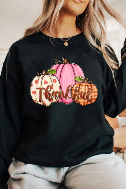 Black Pumpkin Thankful Drop Shoulder Thanksgiving Pullover Sweatshirt - Chic Meadow Boutique 