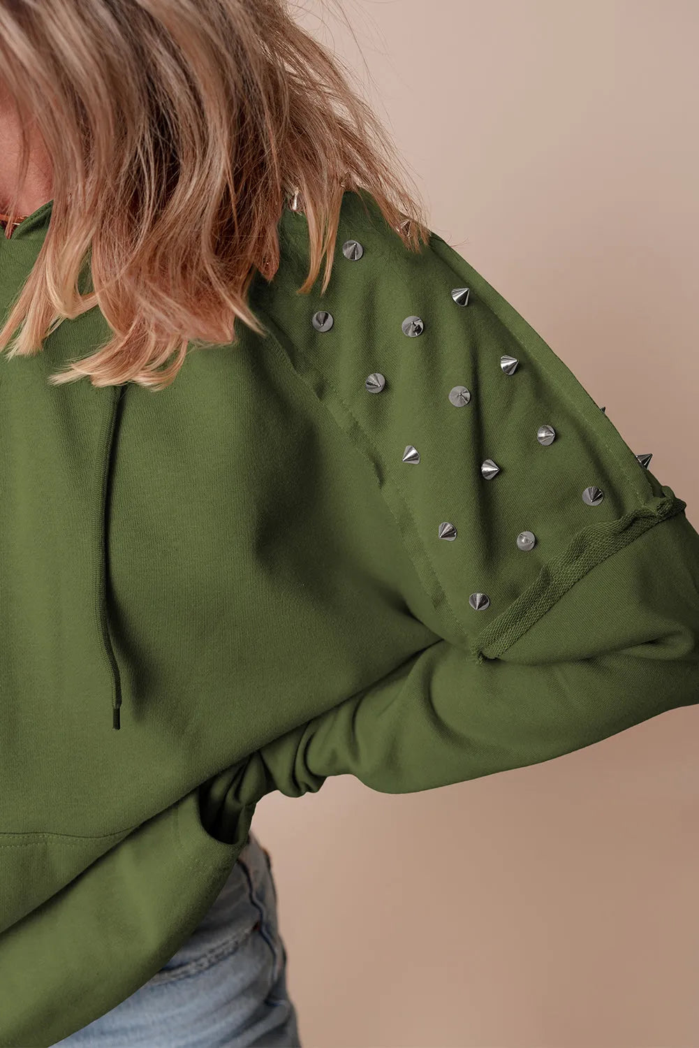 Vineyard Green Solid Color Rivet Stud Raglan Sleeve Hoodie with Pocket - Chic Meadow Boutique 