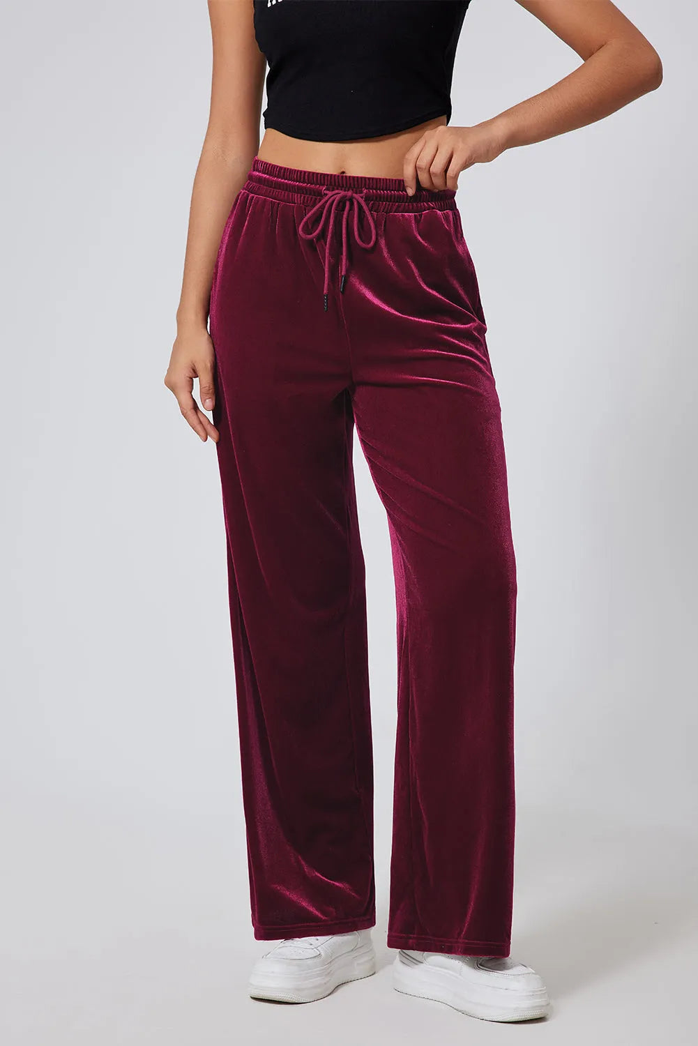 Burgundy Solid Drawstring Waist Wide Leg Pants - Chic Meadow Boutique 