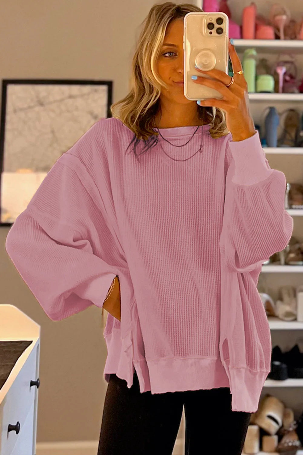 Pink Waffle Knit Bishop Sleeve Split Oversized Sweatshirt - Chic Meadow Boutique 