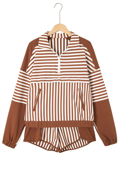 Brown Stripe Color Block Patchwork Quarter Zip Pullover Sporty Shorts Set