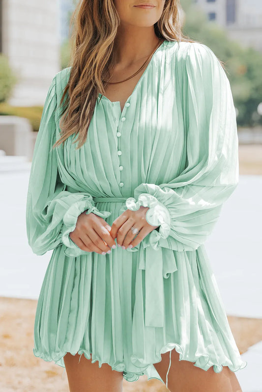 Green Pleated Ruffled Tie Waist Buttons V Neck Romper - Chic Meadow Boutique 