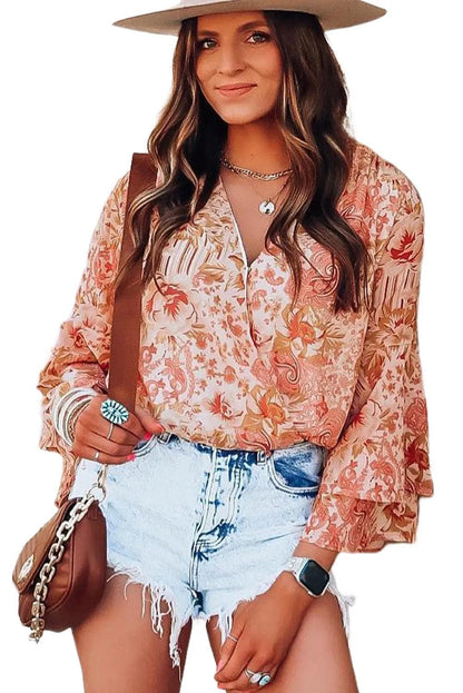 Tops/Bodysuits Orange Floral Print Ruffled Bell Sleeve V Neck Bodysuit