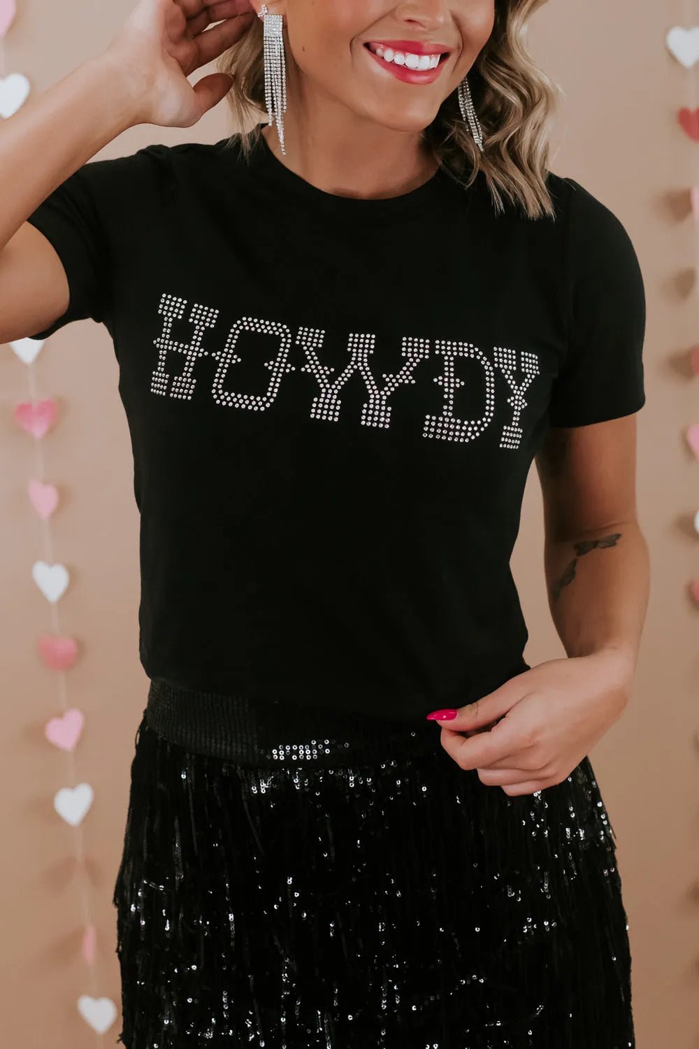 Black HOWDY Rhinestone Slim Fit Crew Neck T Shirt - Chic Meadow Boutique 