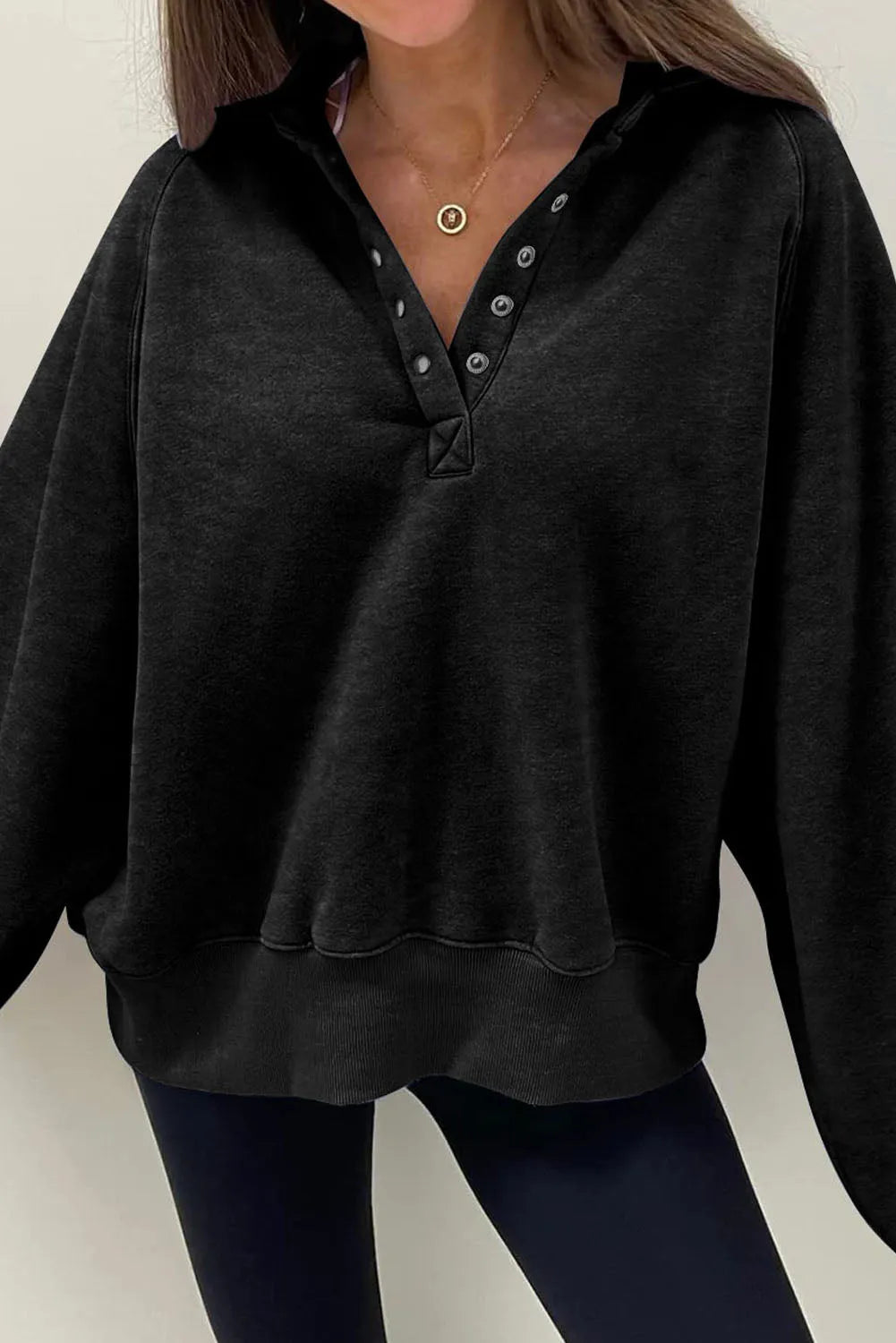 Black Solid Snap Buttons Collared Balloon Sleeve Oversized Sweatshirt