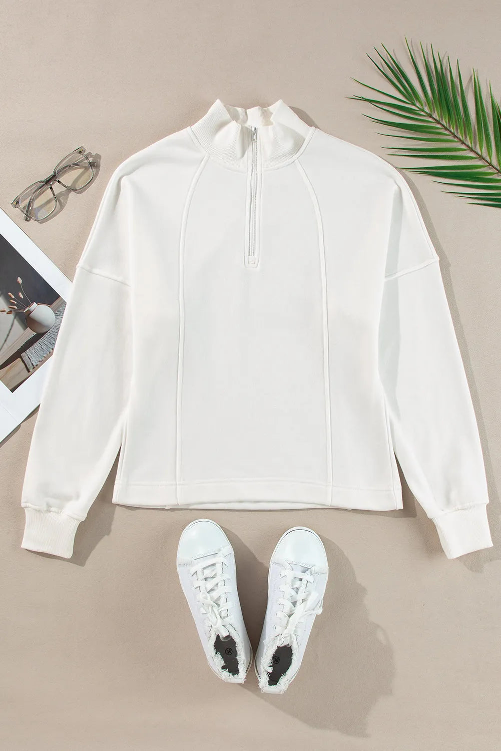 White Zipped Neck Pullover Drop Shoulder Sweatshirt - Chic Meadow Boutique 