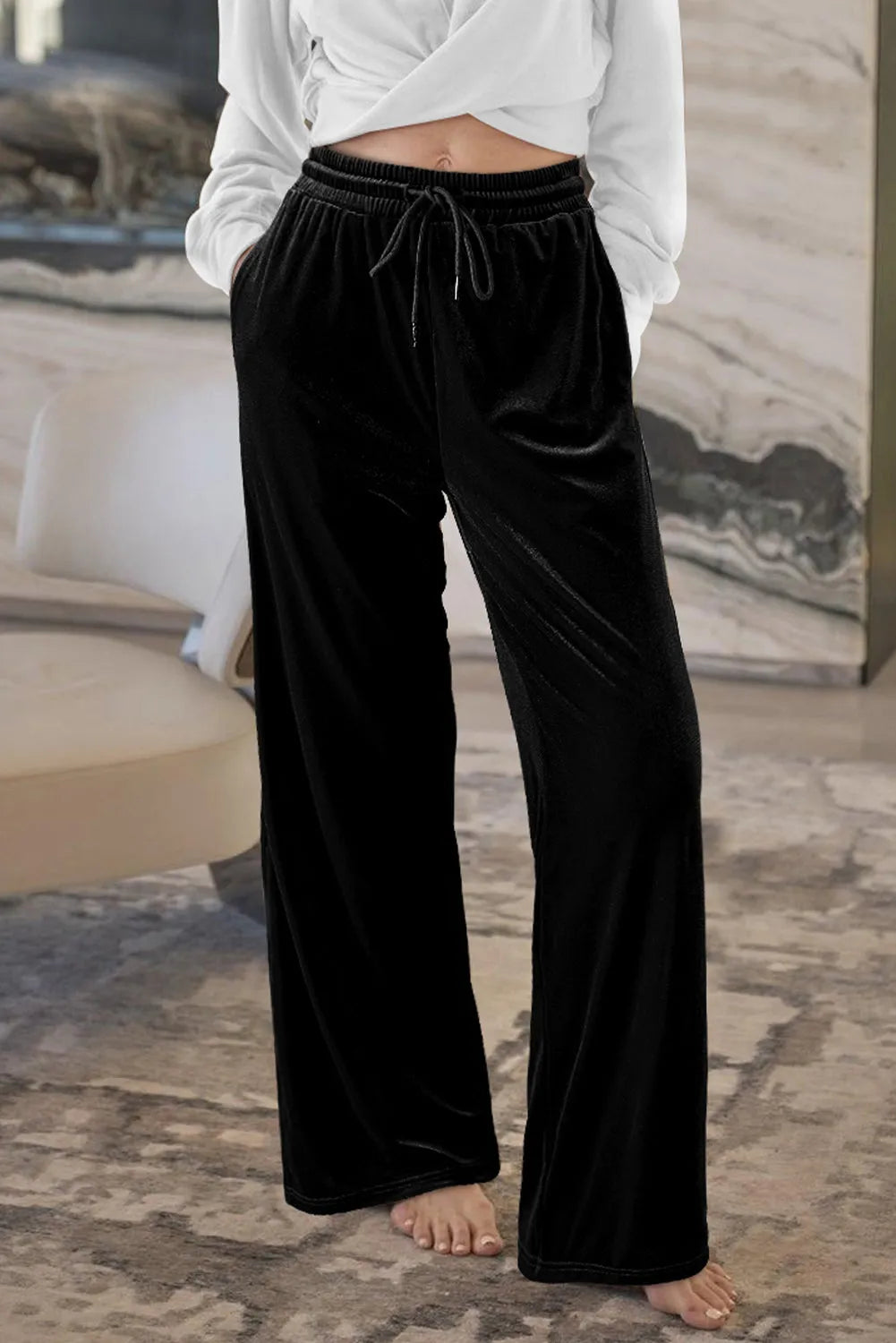 Black Solid Drawstring Waist Wide Leg Pants - Chic Meadow Boutique 