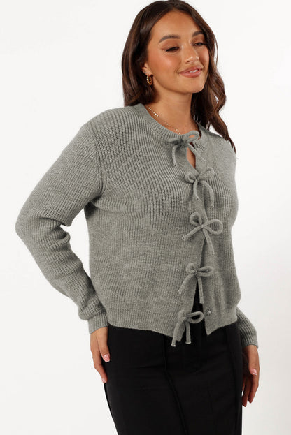 Philippine Gray Ribbed Knit Bow Front Buttoned Cardigan