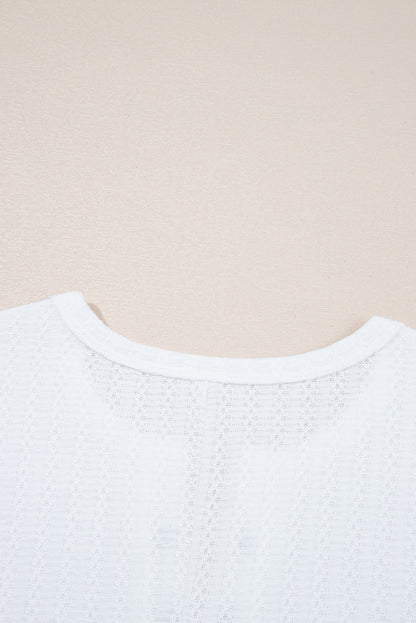 White Textured Hollow Grommet Placket Split Neck Short Sleeve Top