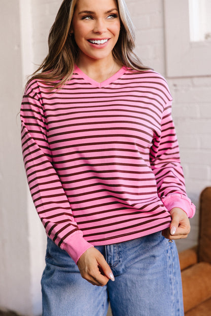 Pink Stripe V Neck Drop Shoulder Long Sleeve Top