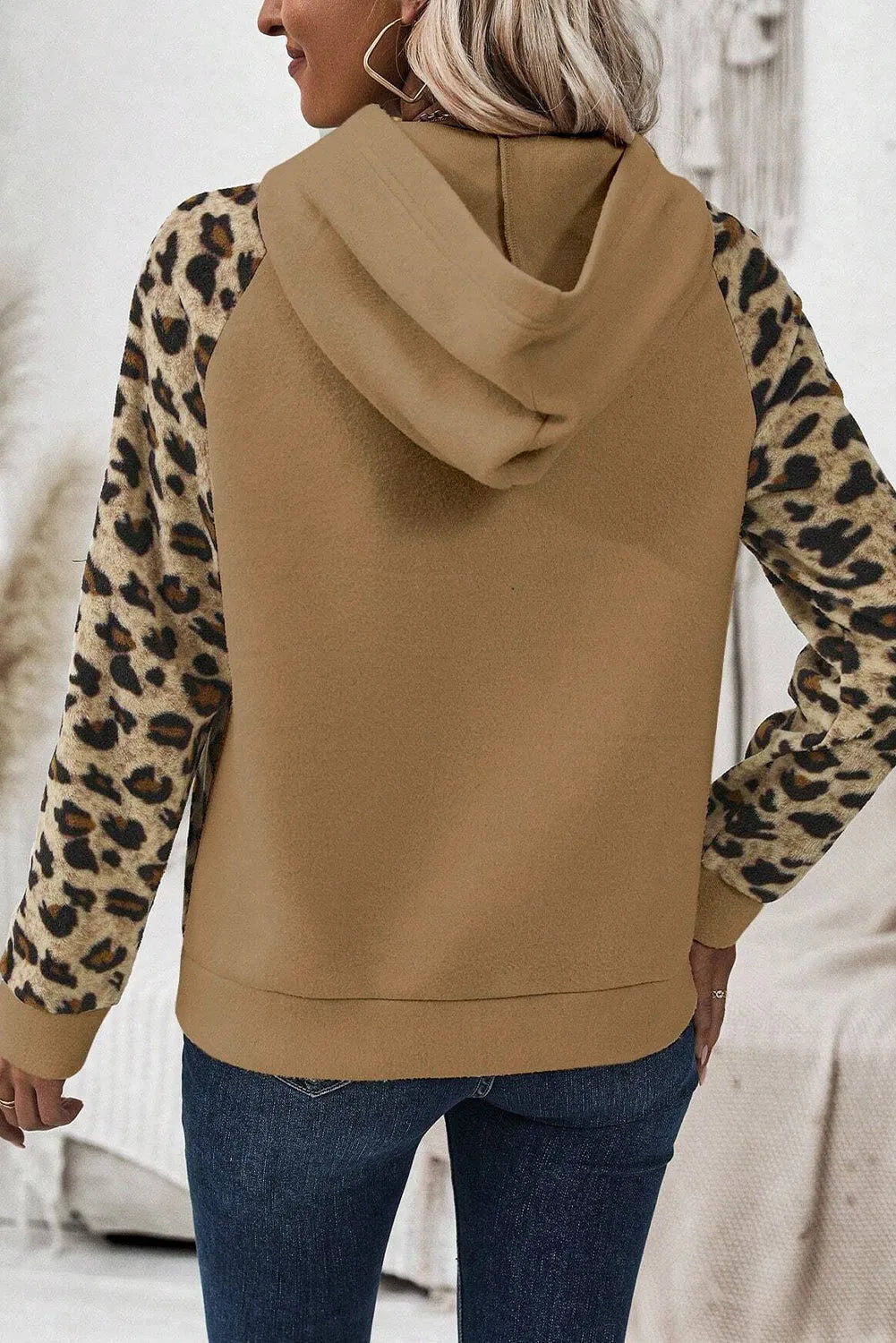 Light French Beige Leopard Print Patchwork Raglan Sleeve Half Buttons Hoodie - Chic Meadow Boutique 