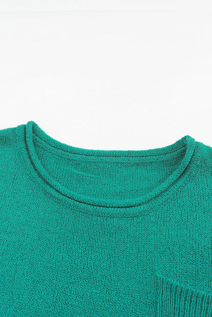 Green Solid Color Off Shoulder Rib Knit Sweater with Pocket - Chic Meadow Boutique 