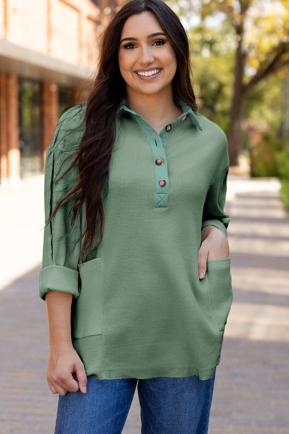 Smoke Green Waffle Long Sleeve Collar Half Button Loose Top