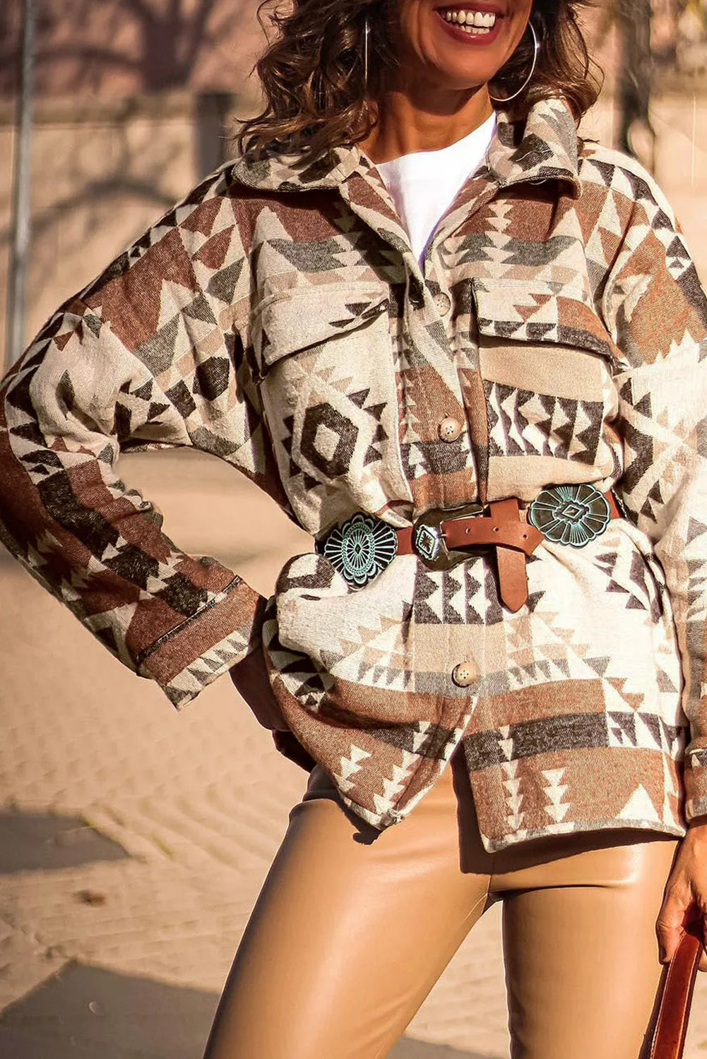 Brown Aztec Print Flap Pocket Button-up Jacket - Chic Meadow Boutique 