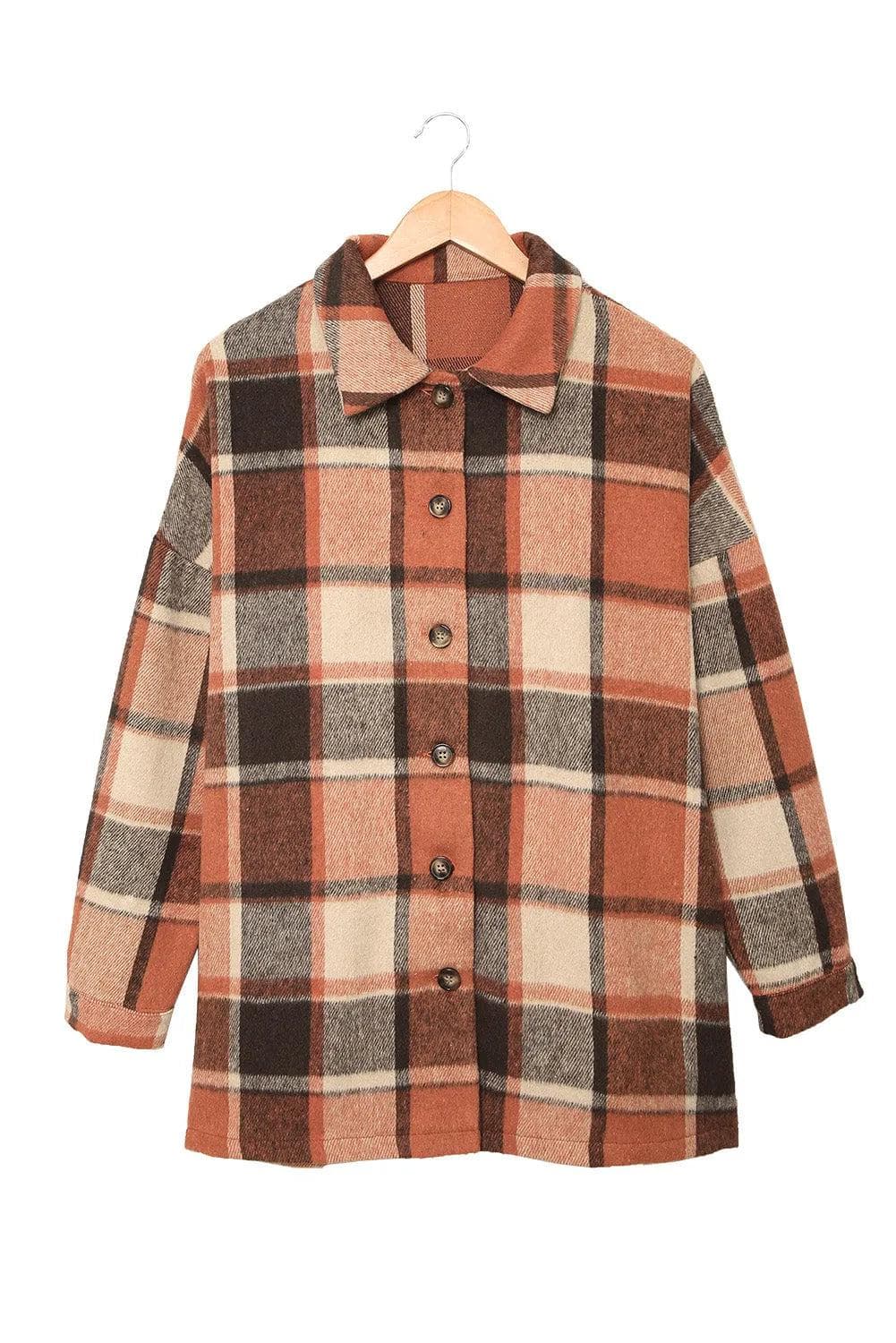 Outerwear/Jackets Orange Plaid Print Buttoned Shirt Jacket