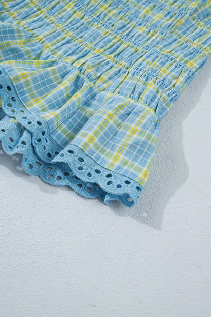 Multicolour Gingham Smoked Lace Trim Tank Top