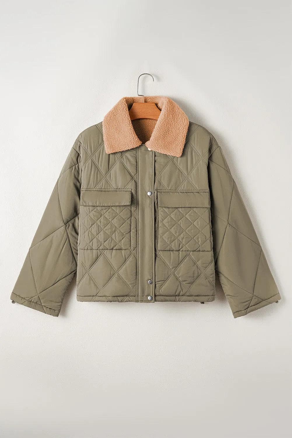 Outerwear/Jackets Jungle Green Teddy Collar Flap Pockets Quilted Puffer Jacket