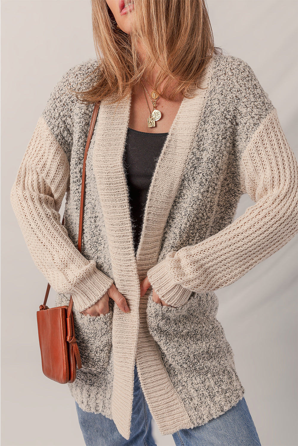 High Color Block Side Pockets Open Front Cardigan