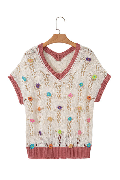 Delicacy Embroidered Flowers Colorblock Edge Hollowed Sweater