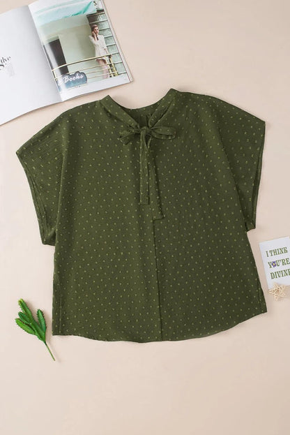 Plus Size/Plus Size Tops/Plus Size Blouses & Shirts Moss Green Plus Size Swiss Dot Mock Neck Tied Nape Top