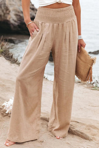 Bottoms/Pants & Culotte Khaki Smocked Wide Waistband High Waist Wide Leg Pants