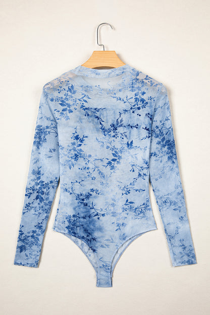 Sky Blue Sheer Mesh Floral Printed Mock Neck Long Sleeve Bodysuit