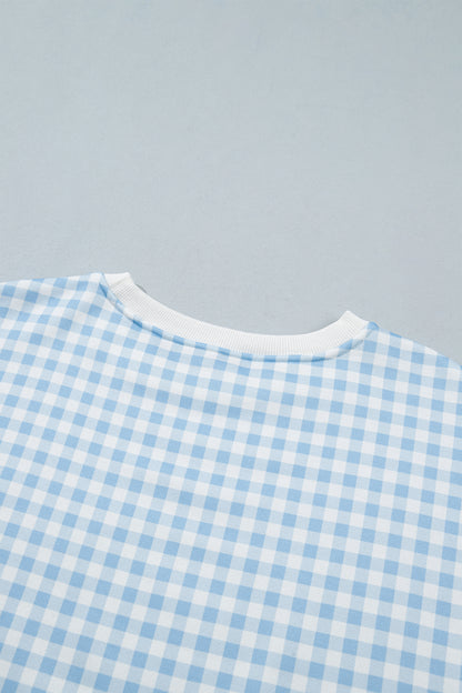 Sky Blue Plaid Baggy Pullover Drawstring Casual Shorts 2pcs Outfit