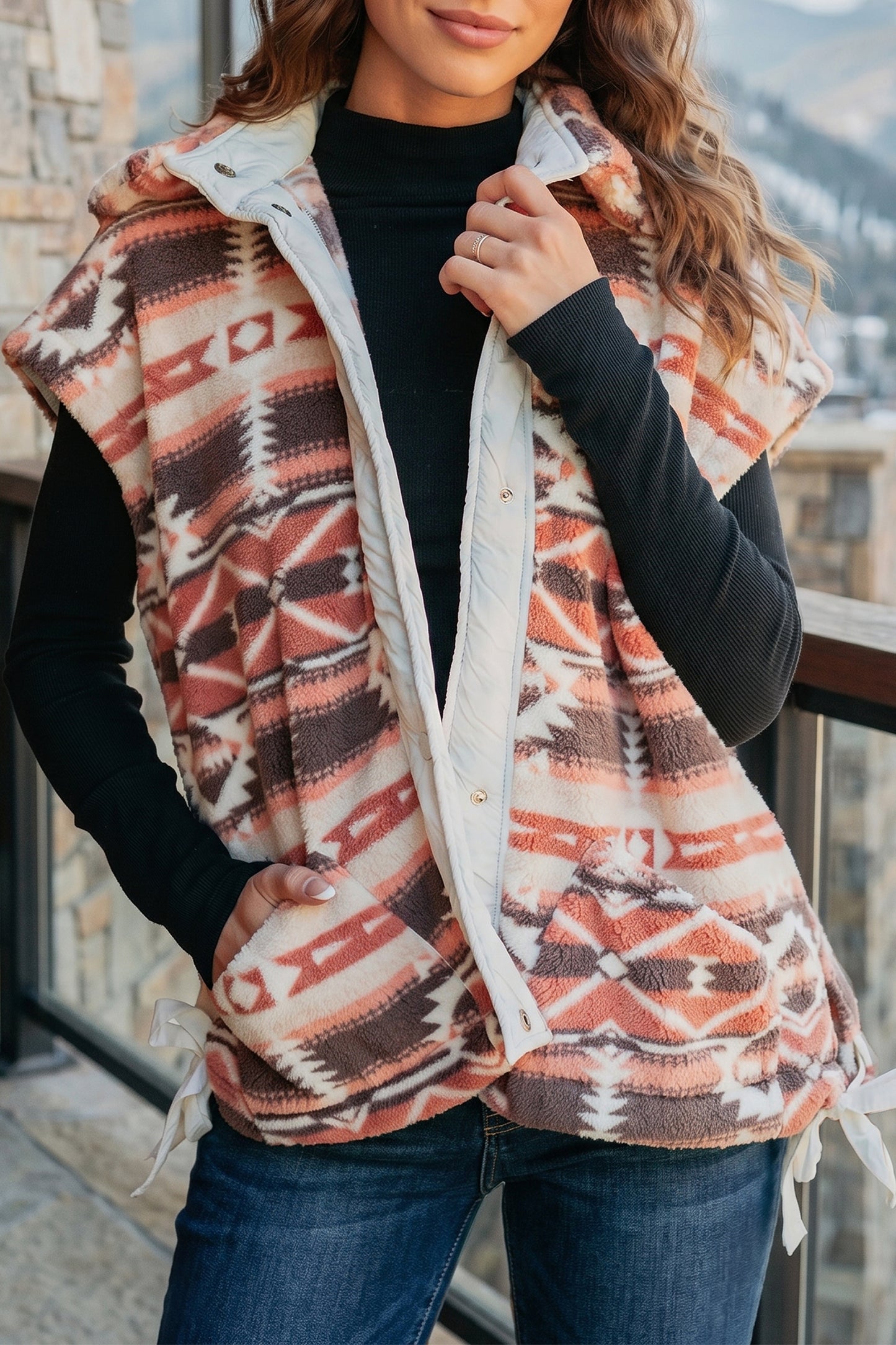 Multicolour Geometric Print Fleece Metal Button Placket Shift Silhouette Vest