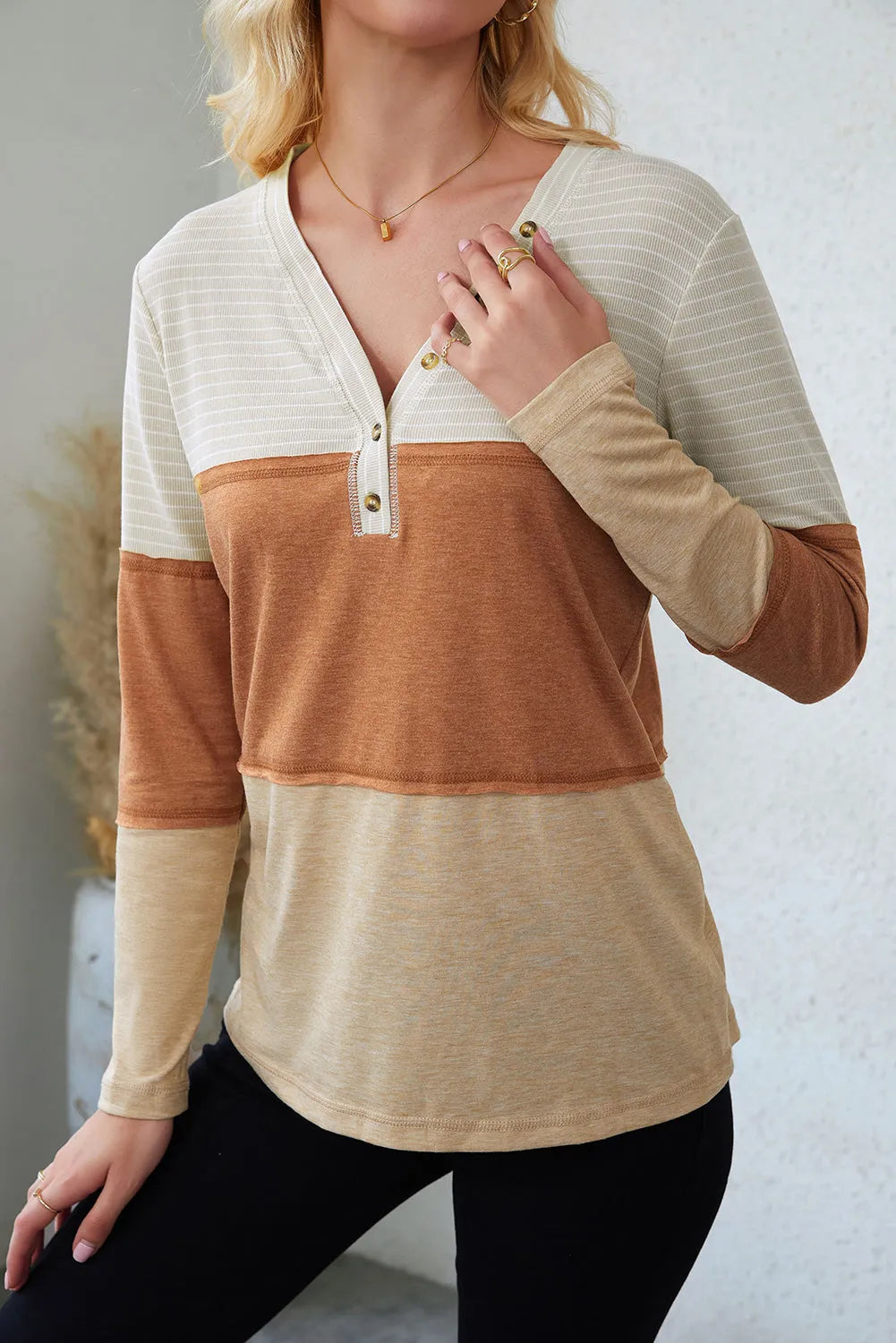 Orange Striped Color Block Henley Top - Chic Meadow Boutique 