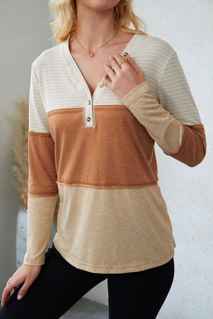 Tops/Long Sleeve Tops Orange Striped Color Block Henley Top