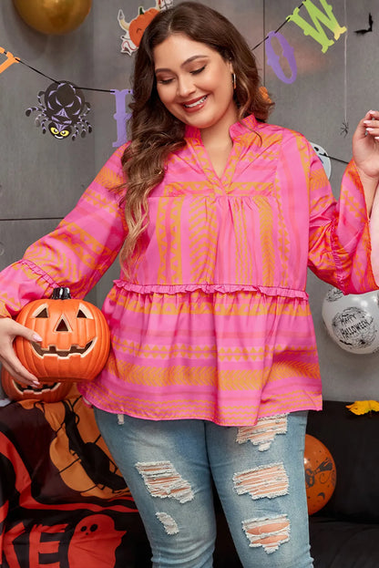 Vitality Orange Plus Size Geometric Embroidered Bell Sleeve Babydoll Blouse - Chic Meadow Boutique 