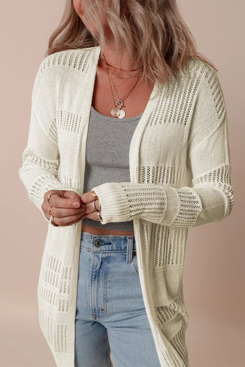 White Solid Color Lightweight Open Knit Tunic Cardigan - Chic Meadow Boutique 