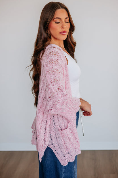Pink Drop Shoulder Crochet Knit Open Front Sweater Cardigan