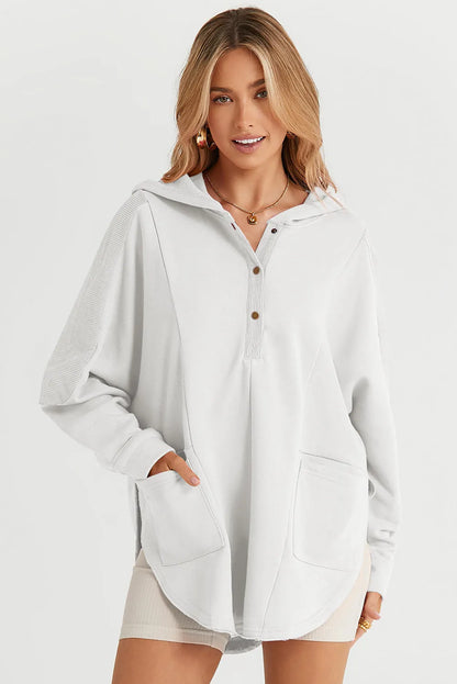 White Patchwork Side Pockets Oversized Henley Hoodie - Chic Meadow Boutique 