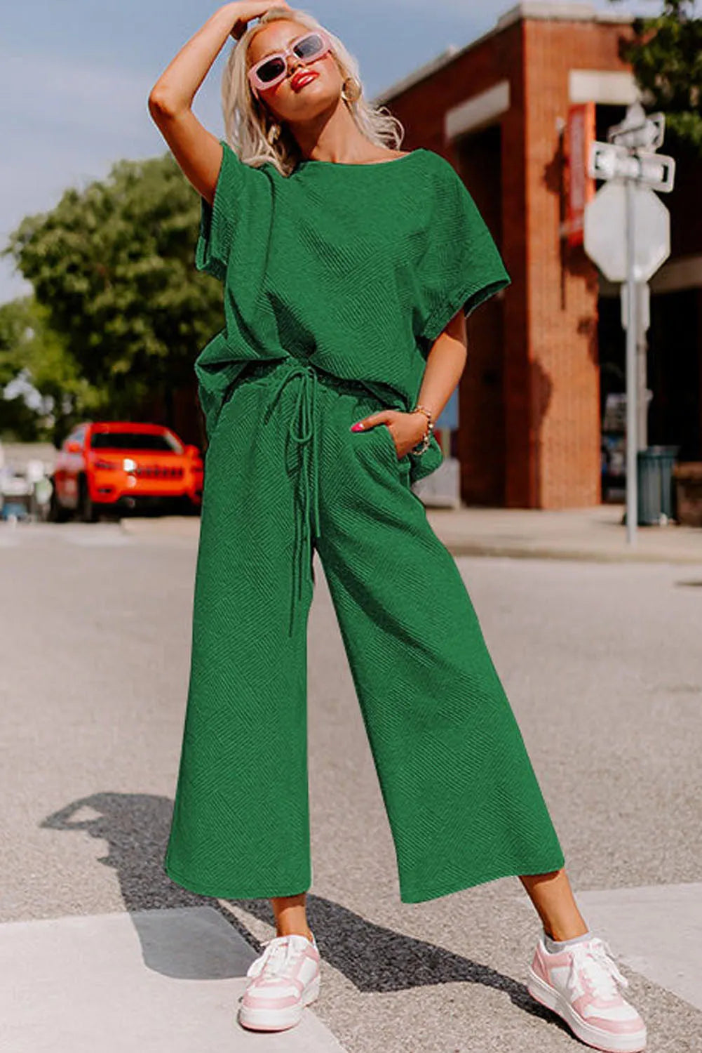 Dark Green Textured Loose Fit T Shirt and Drawstring Pants Set - Chic Meadow Boutique 