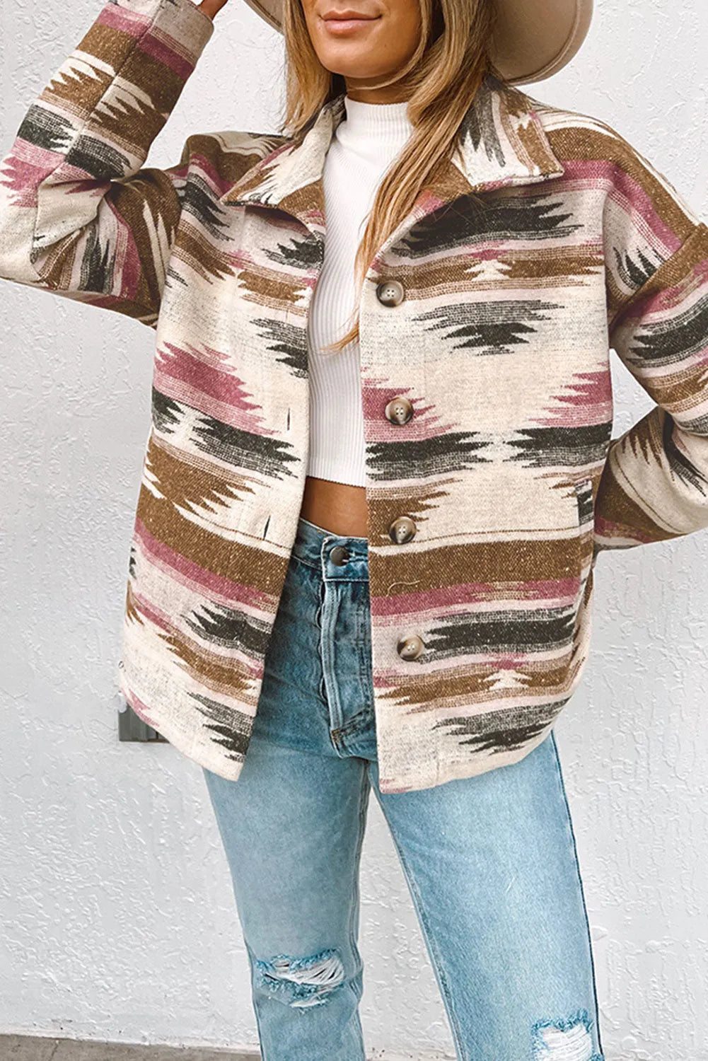 Multicolor Aztec Print Button Up Long Sleeve Jacket - Chic Meadow Boutique 