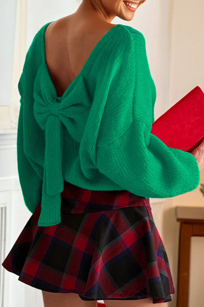 Bright Green Festive Bow Backless Bubble Sleeve Sweater