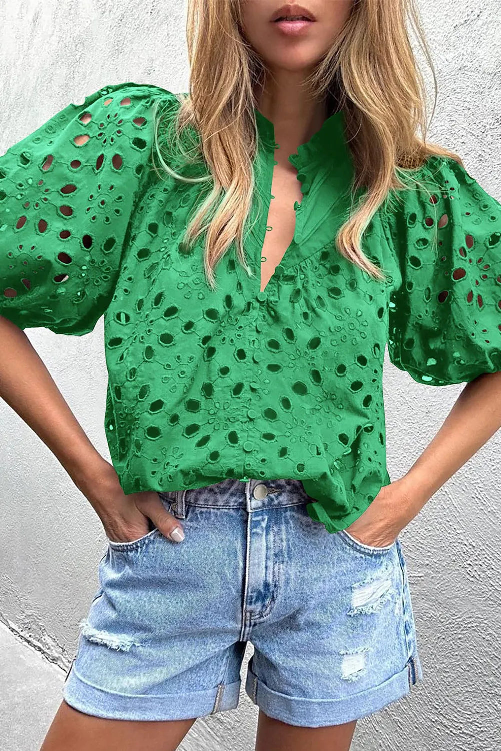 Green Flower Embroidered Hollow-out Puff Sleeve Blouse - Chic Meadow Boutique 