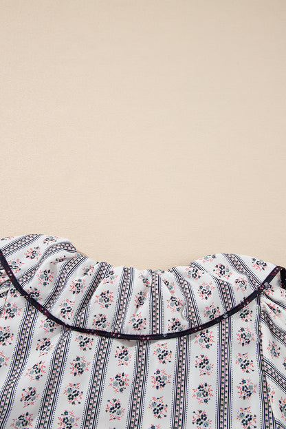 White Floral Ruffled Collar Short Puff Sleeve Printed Blouse