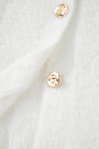 White Fuzzy Buttoned Front Midi Solid Cardigan