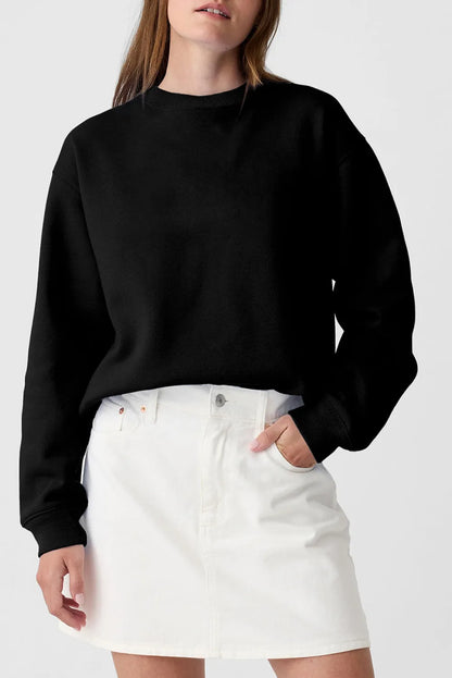 Black Plain Drop Shoulder Crewneck Pullover Sweatshirt - Chic Meadow Boutique 