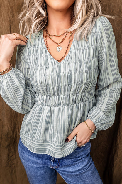 Blue Stripe V Neck Shirred Long Sleeve Blouse