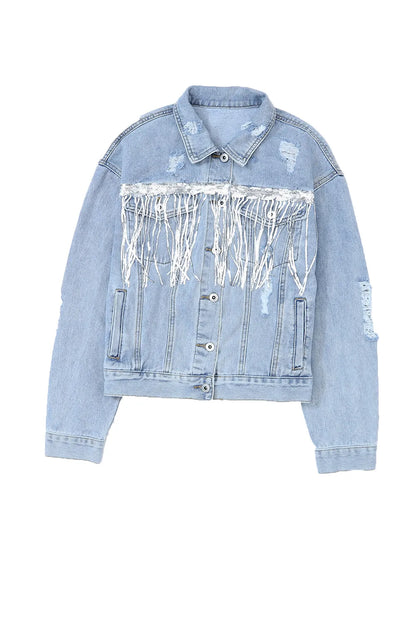 Sky Blue Sequin Embellished Fringe Distressed Denim Jacket - Chic Meadow Boutique 