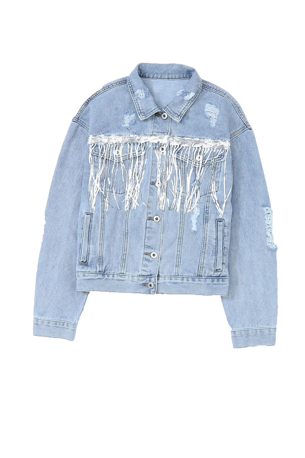 Sky Blue Sequin Embellished Fringe Distressed Denim Jacket - Chic Meadow Boutique 