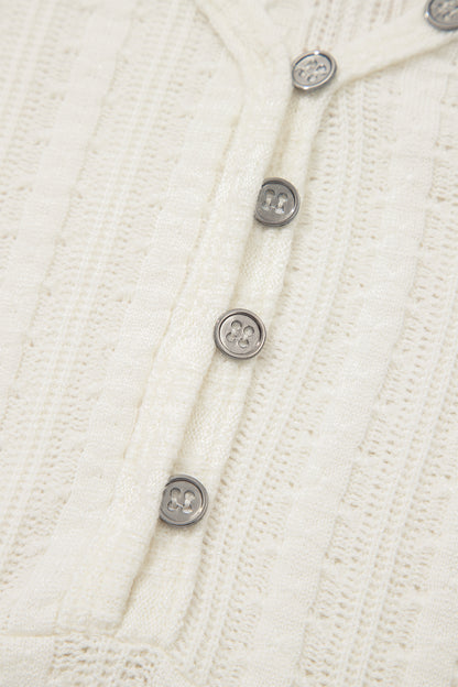 White Solid Color Textured Button V Neck Raw Seam Henley Tee