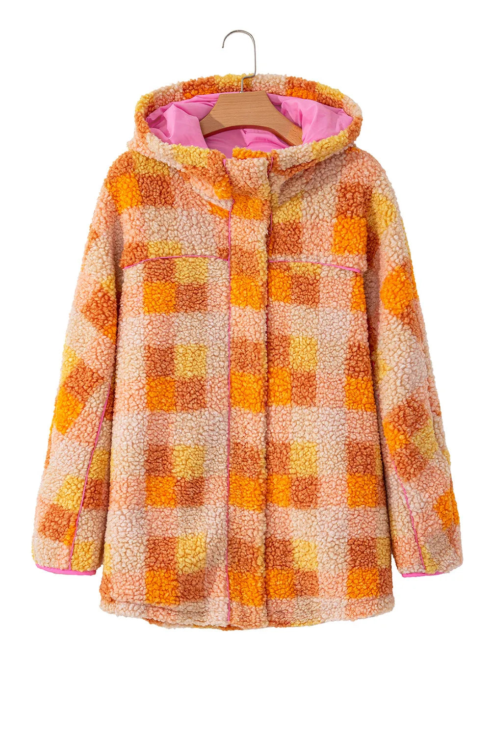 Orange Checkered Sherpa Hooded Jacket - Chic Meadow Boutique 